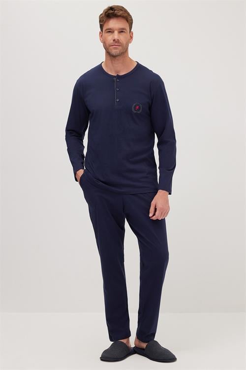Erkek Standart Fit %100 Pamuk Bisiklet Yaka Beli Lastikli Lacivert Pijama Takımı