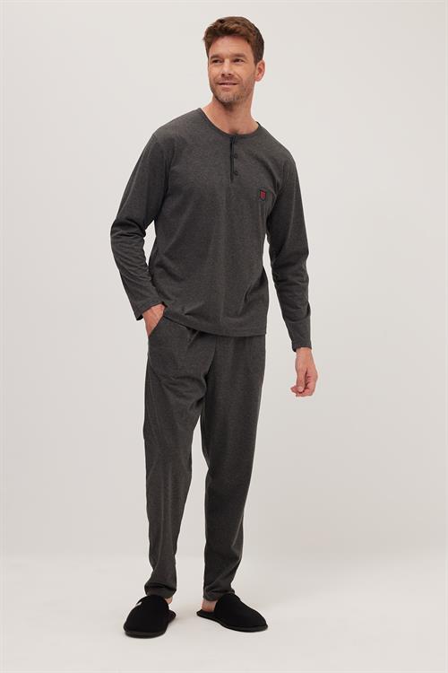Erkek Standart Fit %100 Pamuk Bisiklet Yaka Beli Lastikli Antrasit Pijama Takımı