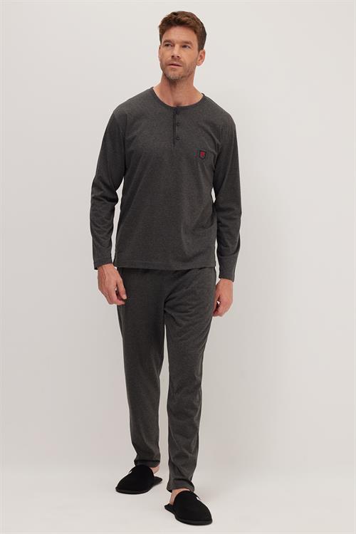Erkek Standart Fit %100 Pamuk Bisiklet Yaka Beli Lastikli Antrasit Pijama Takımı