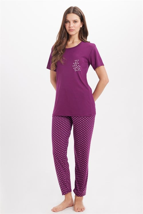 Kadın Standart Fit Normal Kesim Bisiklet Yaka Kısa Kollu Baskılı Mor Pijama Takımı