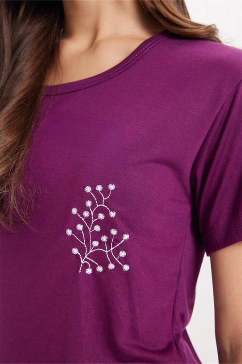Kadın Standart Fit Normal Kesim Bisiklet Yaka Kısa Kollu Baskılı Mor Pijama Takımı