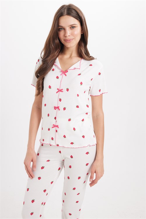 Kadın Standart Fit Normal Kesim Fitilli Görünüm Fiyonk Detaylı Kısa Kol Baskılı Ekru Pijama Takımı