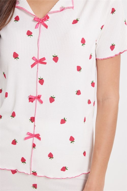 Kadın Standart Fit Normal Kesim Fitilli Görünüm Fiyonk Detaylı Kısa Kol Baskılı Ekru Pijama Takımı