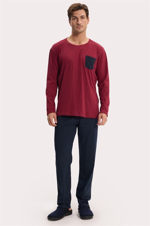 Erkek Standart Fit Rahat Kesim Uzun Kollu Pamuklu Bordo Lacivert Pijama Takımı