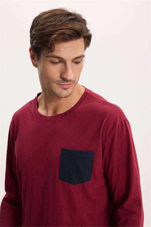 Erkek Standart Fit Rahat Kesim Uzun Kollu Pamuklu Bordo Lacivert Pijama Takımı
