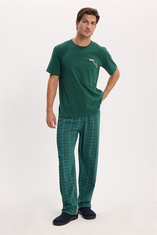 Erkek Standart Fit Normal Kesim Pamuklu Bisiklet Yaka Kısa Kollu Lastikli Yeşil Pijama Takımı
