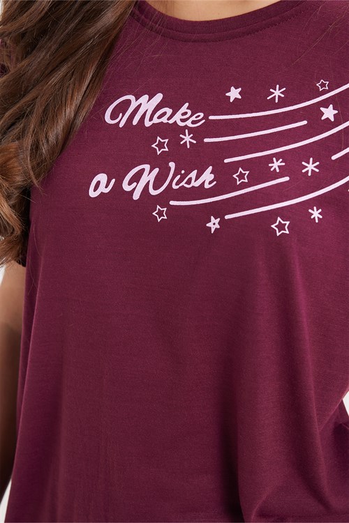 Kadın Regular Fit Klasik Kesim %100 Pamuk Fırfır Detaylı Kısa Kollu Baskılı Mürdüm Pijama Takımı