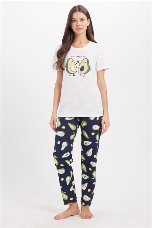Kadın Regular Fit Klasik Kesim Pamuklu Bisiklet Yaka Kısa Kollu Baskılı Beyaz Pijama Takımı