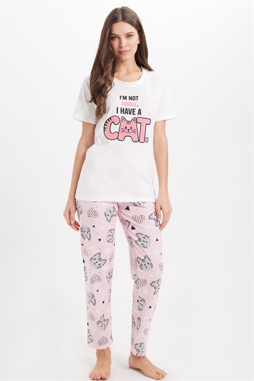 Kadın Regular Fit Klasik Kesim Pamuklu Bisiklet Yaka Kısa Kollu Baskılı Beyaz Pijama Takımı
