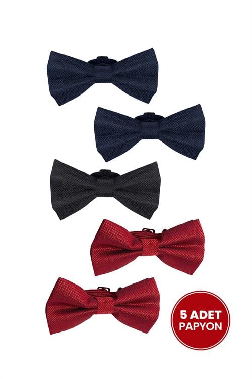 5li Paket Armürlü Lacivert-Siyah-Kırmızı Erkek Papyon