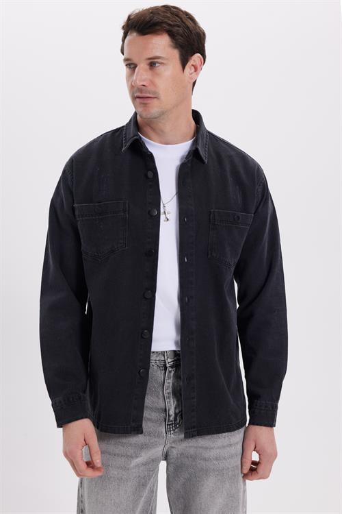 Relax Fit Çift Cep Eskitmeli Siyah Denim Kot Erkek Gömlek