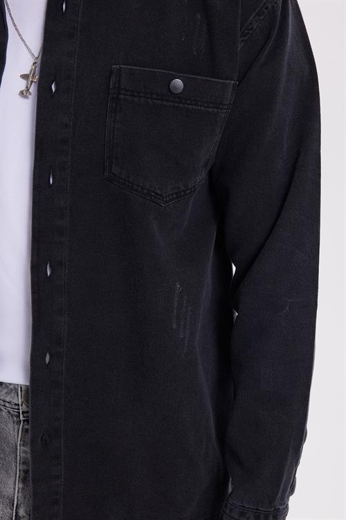 Relax Fit Çift Cep Eskitmeli Siyah Denim Kot Erkek Gömlek