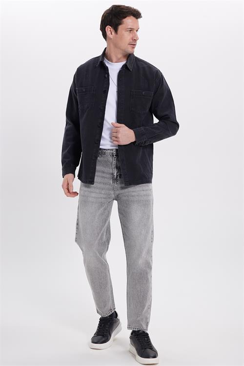 Relax Fit Çift Cep Eskitmeli Siyah Denim Kot Erkek Gömlek