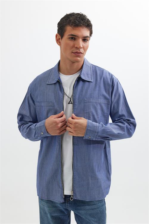 Relax Fit Uzun Kollu Denim Kot Parça Boyalı Çift Cep Fermuarlı Mavi Gömlek