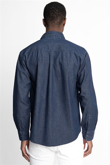 Relax Fıt Uzun Kollu Rahat Kalıp Denim Kot Tek Cep Erkek Lacivert Gömlek