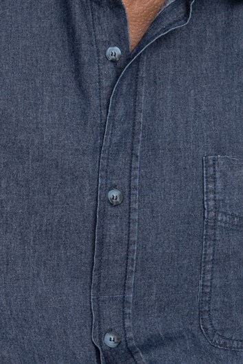 Relax Fıt Uzun Kollu Rahat Kalıp Denim Kot Tek Cep Erkek Lacivert Gömlek