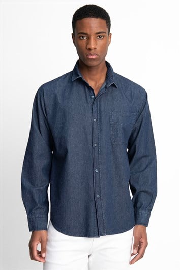 Relax Fıt Uzun Kollu Rahat Kalıp Denim Kot Tek Cep Erkek Lacivert Gömlek