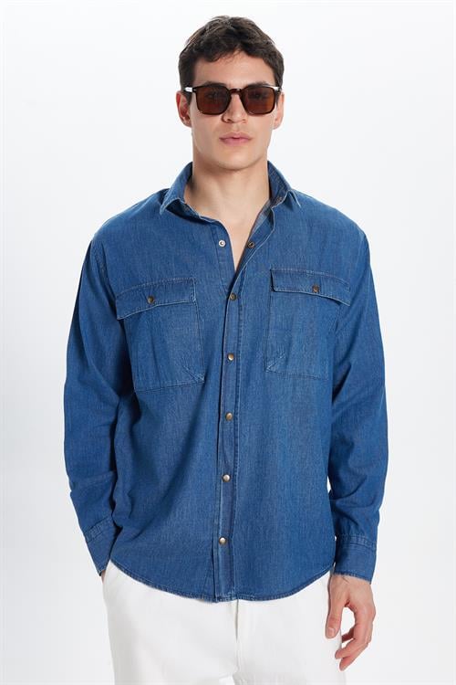 Unisex Relax Fit Rahat Kesim Denim Kot Çıtçıtlı Çift Cepli Lacivert Overshirt Ceket Tarzı Gömlek