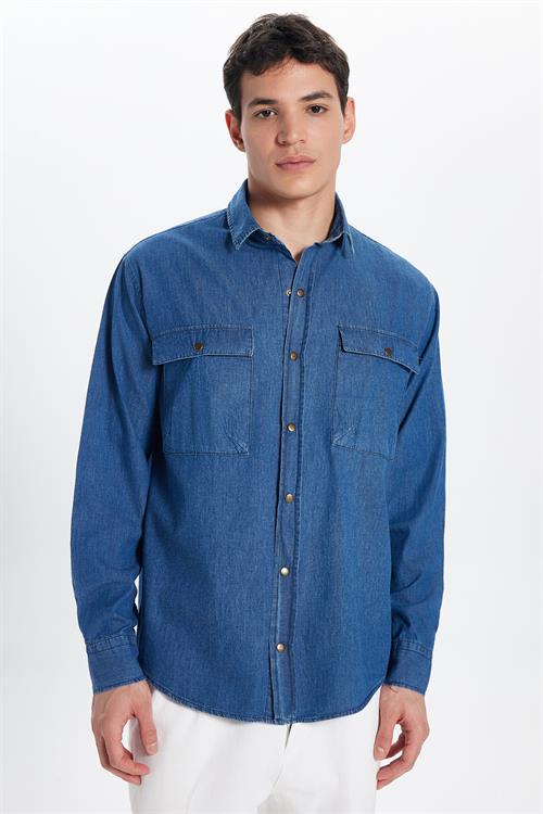 Unisex Relax Fit Rahat Kesim Denim Kot Çıtçıtlı Çift Cepli Lacivert Overshirt Ceket Tarzı Gömlek