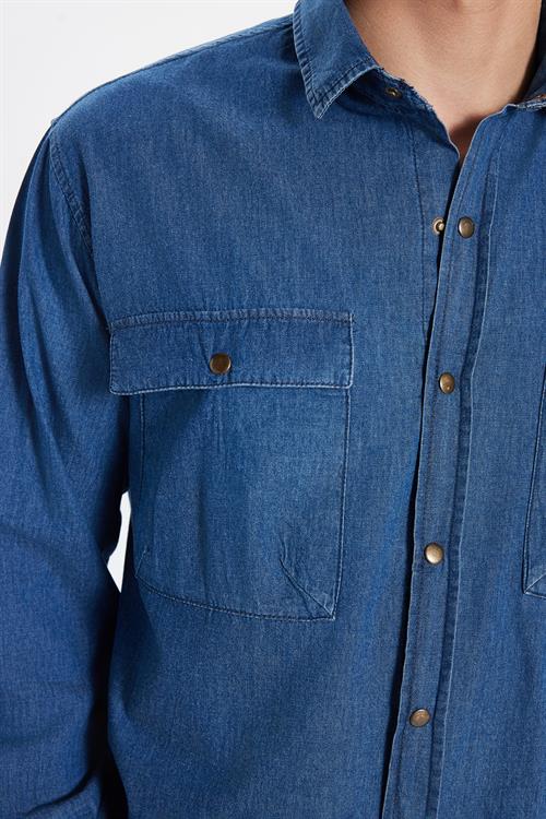 Unisex Relax Fit Rahat Kesim Denim Kot Çıtçıtlı Çift Cepli Lacivert Overshirt Ceket Tarzı Gömlek