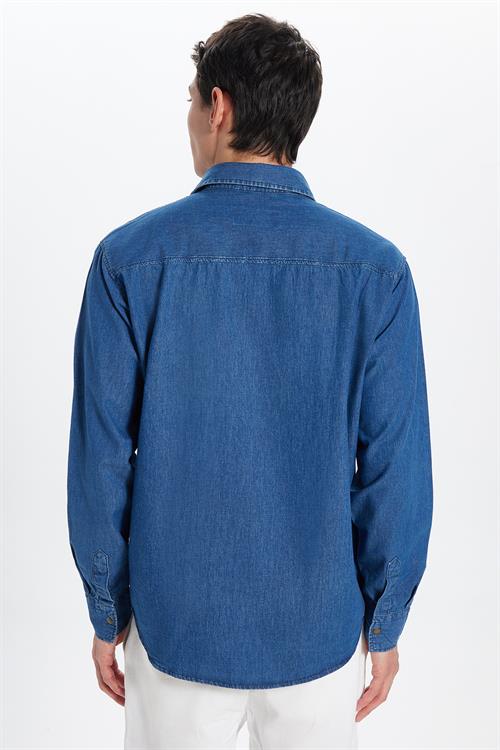 Unisex Relax Fit Rahat Kesim Denim Kot Çıtçıtlı Çift Cepli Lacivert Overshirt Ceket Tarzı Gömlek