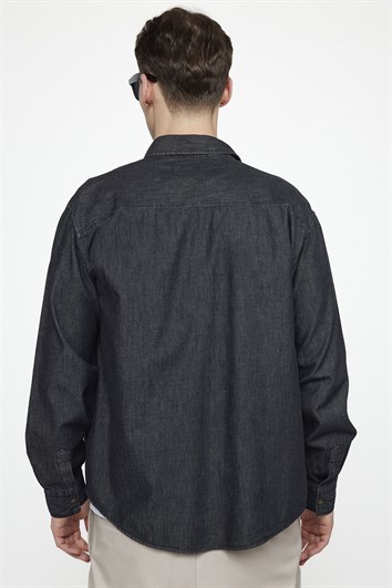 Unisex Relax Fit Rahat Kesim Denim Kot Çıtçıtlı Çift Cepli Siyah Overshirt Ceket Tarzı Gömlek