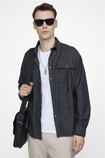 Unisex Relax Fit Rahat Kesim Denim Kot Çıtçıtlı Çift Cepli Siyah Overshirt Ceket Tarzı Gömlek