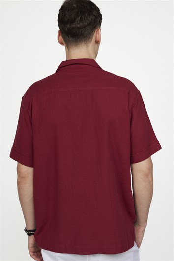 Erkek Relax Fit Rahat Kesim Oversize Kısa Kollu %100 Pamuk Keten Doku Apaş Yaka Bordo Gömlek