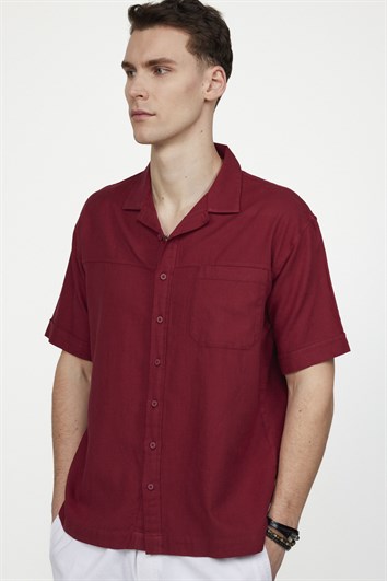 Erkek Relax Fit Rahat Kesim Oversize Kısa Kollu %100 Pamuk Keten Doku Apaş Yaka Bordo Gömlek