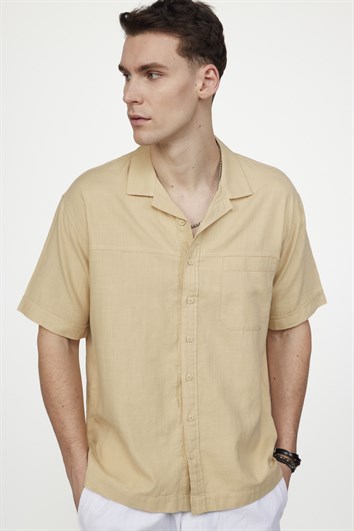 Erkek Relax Fit Rahat Kesim Oversize Kısa Kollu %100 Pamuk Keten Doku Apaş Yaka Bej Gömlek