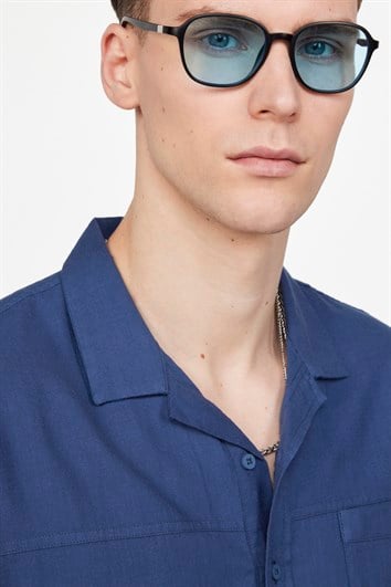 Erkek Relax Fit Rahat Kesim Oversize Kısa Kollu %100 Pamuk Keten Doku Apaş Yaka Lacivert Gömlek