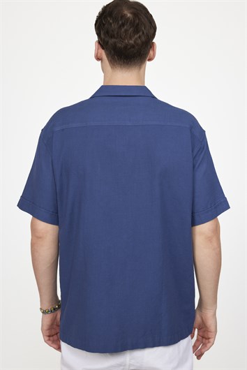 Erkek Relax Fit Rahat Kesim Oversize Kısa Kollu %100 Pamuk Keten Doku Apaş Yaka Lacivert Gömlek
