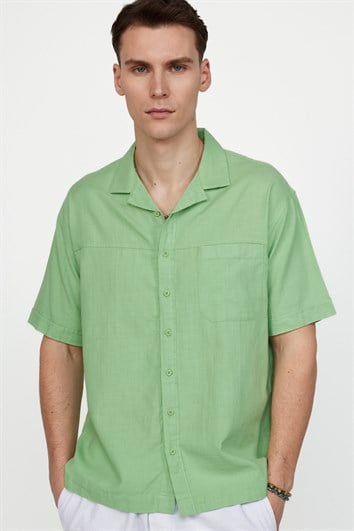 Erkek Relax Fit Rahat Kesim Oversize Kısa Kollu %100 Pamuk Keten Doku Apaş Yaka Yeşil Gömlek