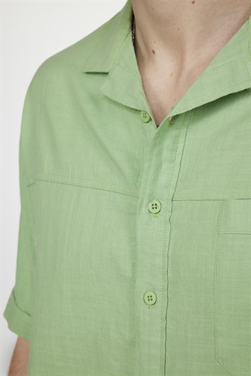Erkek Relax Fit Rahat Kesim Oversize Kısa Kollu %100 Pamuk Keten Doku Apaş Yaka Yeşil Gömlek