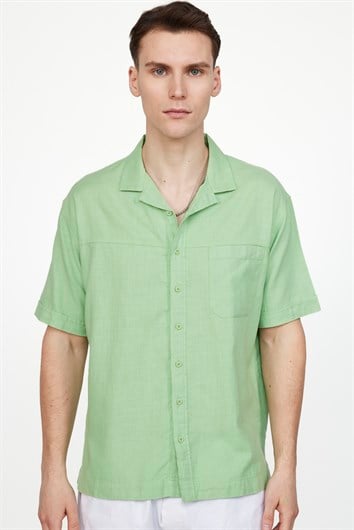 Erkek Relax Fit Rahat Kesim Oversize Kısa Kollu %100 Pamuk Keten Doku Apaş Yaka Yeşil Gömlek