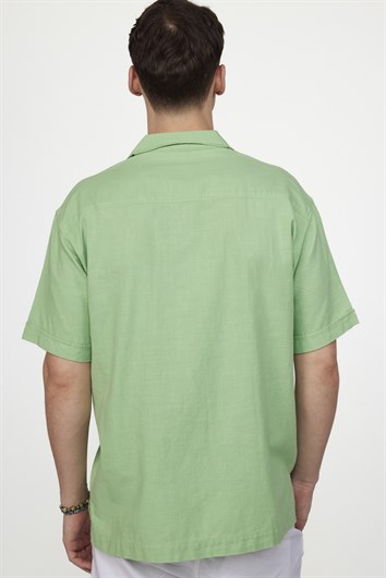 Erkek Relax Fit Rahat Kesim Oversize Kısa Kollu %100 Pamuk Keten Doku Apaş Yaka Yeşil Gömlek