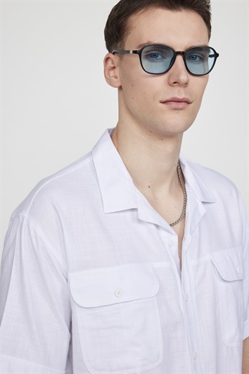 Erkek Relax Fit Rahat Kesim Oversize Kısa Kollu %100 Pamuk Keten Doku Çift Cep Apaş Yaka Beyaz Gömlek