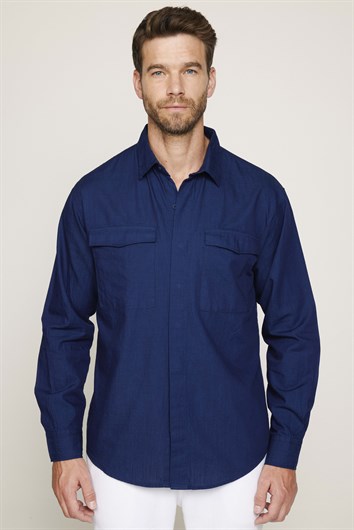 Relax Fit Uzun Kollu Rahat Kesim Çift Cep Denim Kot Lacivert Gömlek