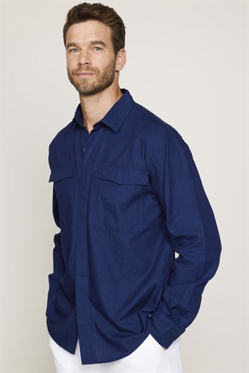 Relax Fit Uzun Kollu Rahat Kesim Çift Cep Denim Kot Lacivert Gömlek
