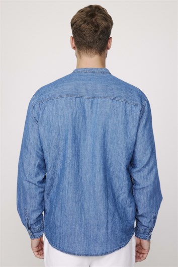 Relax Fit Uzun Kollu Hakim Yaka Mavi Denim Kot Gömlek