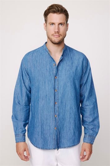 Relax Fit Uzun Kollu Hakim Yaka Mavi Denim Kot Gömlek