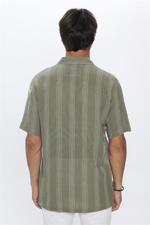 Erkek Relax Fit Rahat Kesim Oversize Kısa Kollu %100 Pamuk Keten Doku Çizgili Haki Gömlek