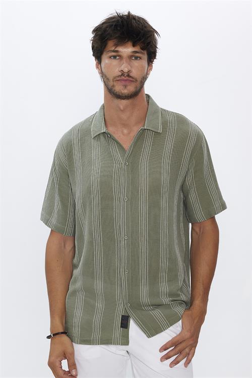 Erkek Relax Fit Rahat Kesim Oversize Kısa Kollu %100 Pamuk Keten Doku Çizgili Haki Gömlek