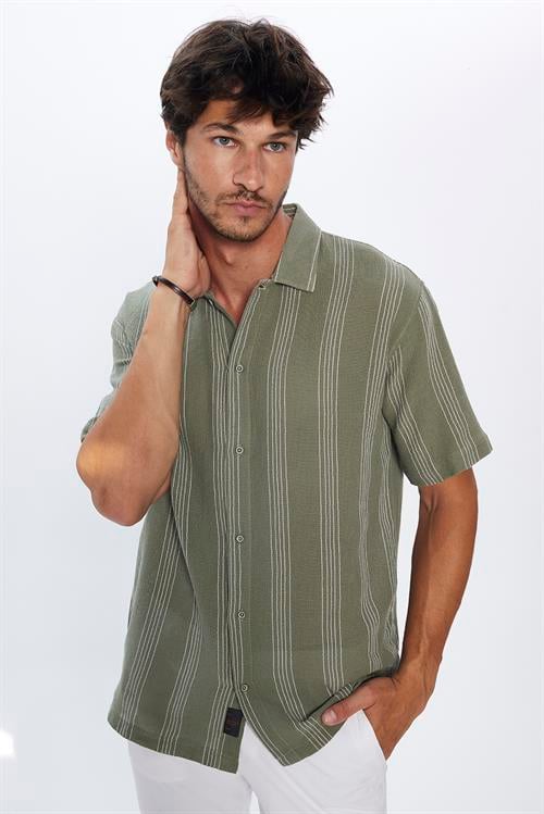 Erkek Relax Fit Rahat Kesim Oversize Kısa Kollu %100 Pamuk Keten Doku Çizgili Haki Gömlek