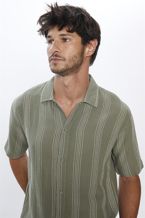 Erkek Relax Fit Rahat Kesim Oversize Kısa Kollu %100 Pamuk Keten Doku Çizgili Haki Gömlek