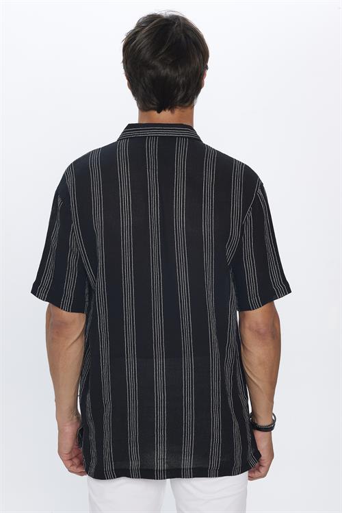 Erkek Relax Fit Rahat Kesim Oversize Kısa Kollu %100 Pamuk Keten Doku Çizgili Siyah Gömlek