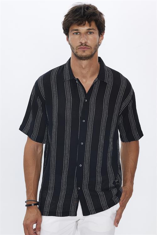 Erkek Relax Fit Rahat Kesim Oversize Kısa Kollu %100 Pamuk Keten Doku Çizgili Siyah Gömlek