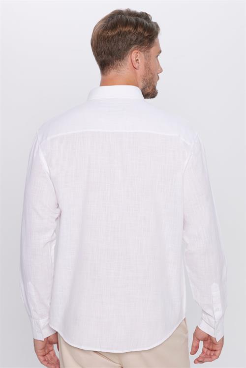 Erkek Relax Fit Rahat Kesim Oversize %100 Pamuk Keten Doku Beyaz Gömlek