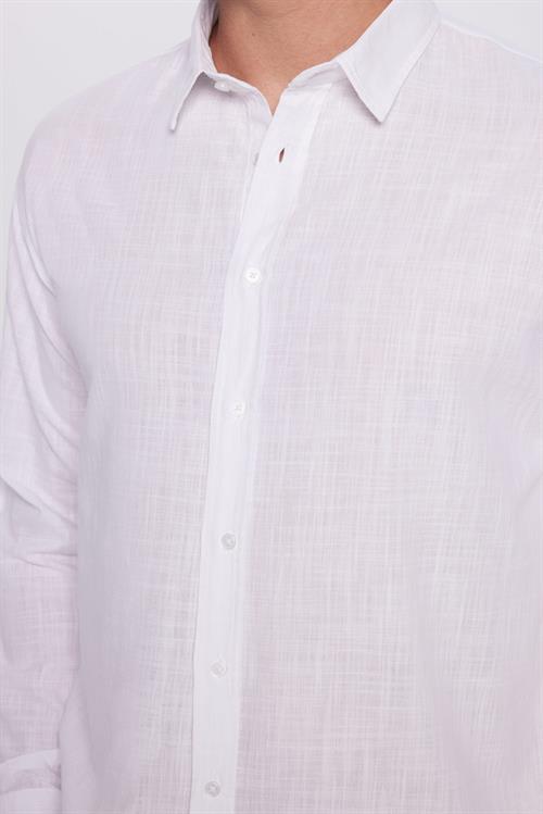 Erkek Relax Fit Rahat Kesim Oversize %100 Pamuk Keten Doku Beyaz Gömlek