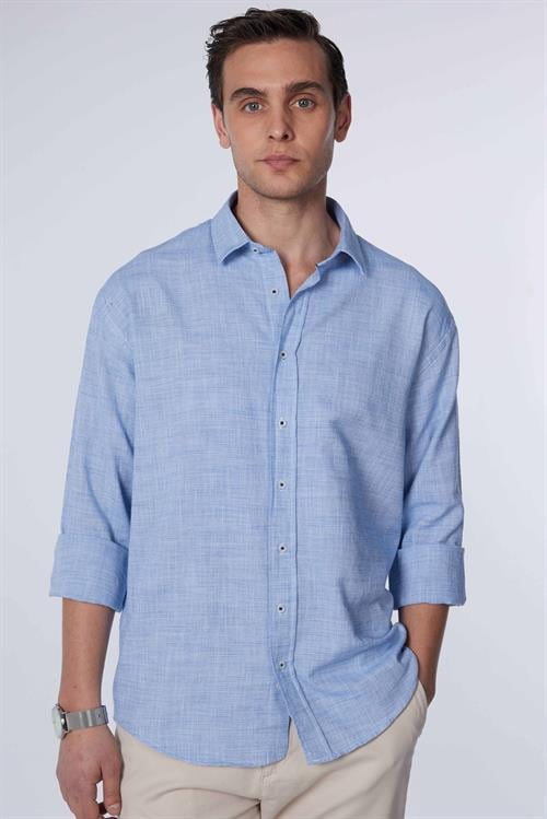 Erkek Relax Fit Rahat Kesim Oversize Uzun Kollu %100 Pamuk Keten Doku Lacivert Gömlek